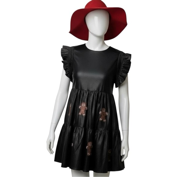 PEACH LOVE CALIFORNIA gingerbread black pleather sleeveless holiday dress S M L - Picture 7 of 7